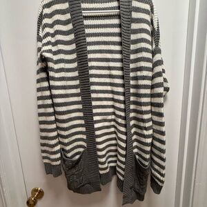 Gray and White Striped Women’s Sweater with Pockets